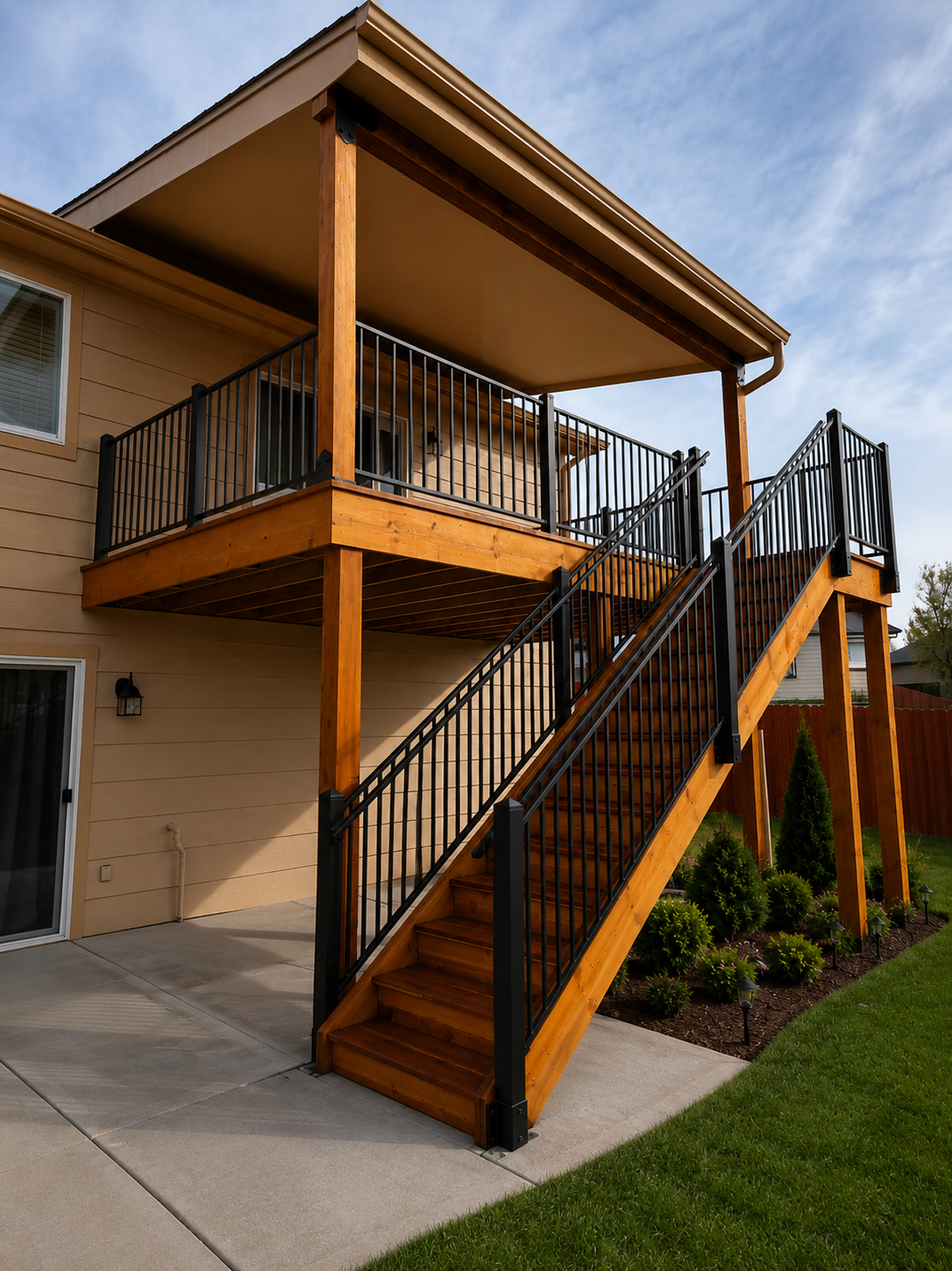 Custom composite deck with black metal railing built in Colorado Springs